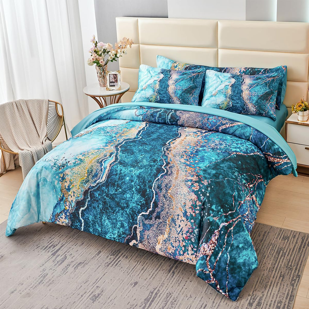 PERFEMET 6 Piece Teal King Size Comforter Set Watercolor Marble Bedding Set