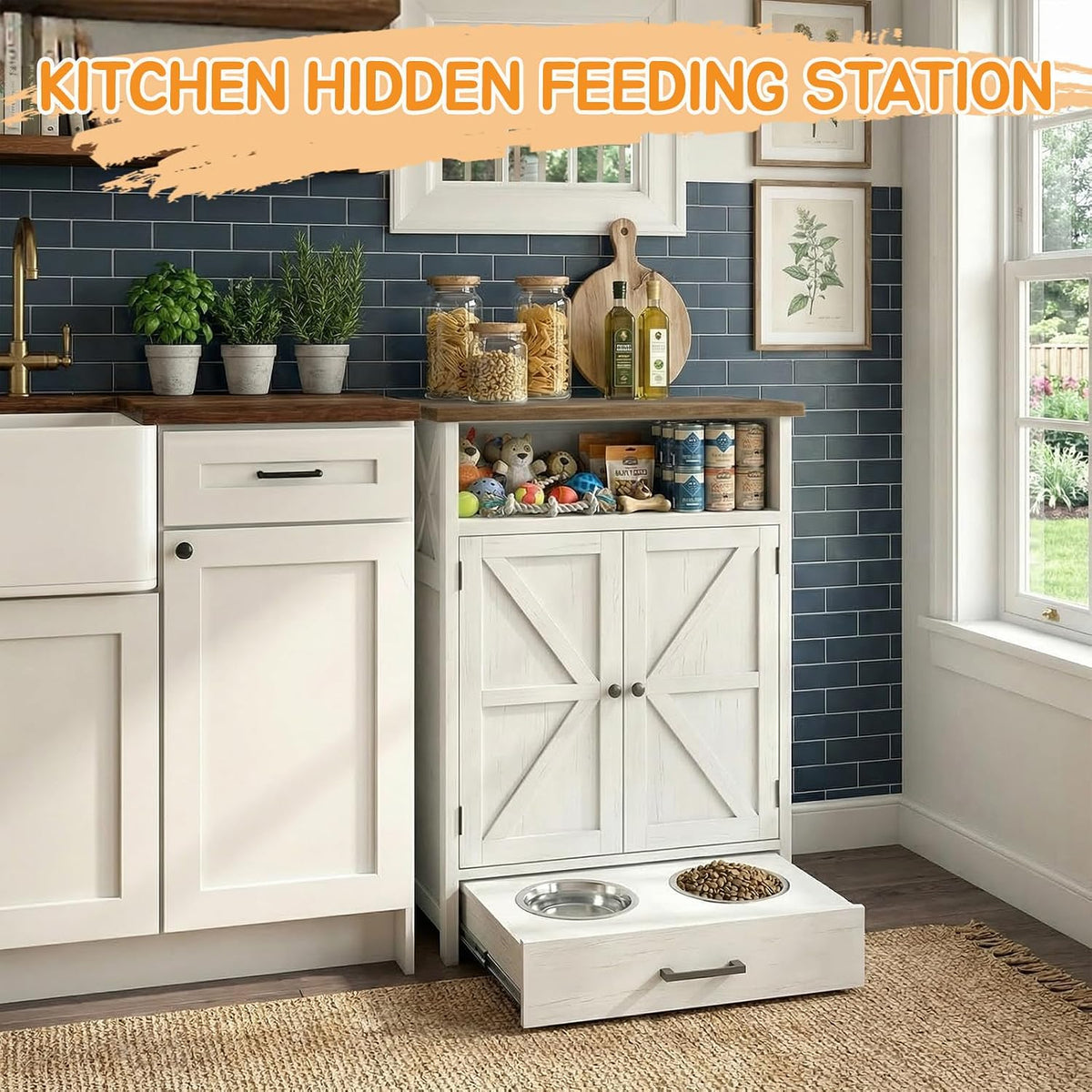 Dog Feeding Station with Storage Cabinet, Raised 2 Elevated Dog Bowls with Hidden Drawer, Pet Feeding Station with Storage, Dog Food Storage Cabinet with 3 Side Hooks, Pet Storage Station