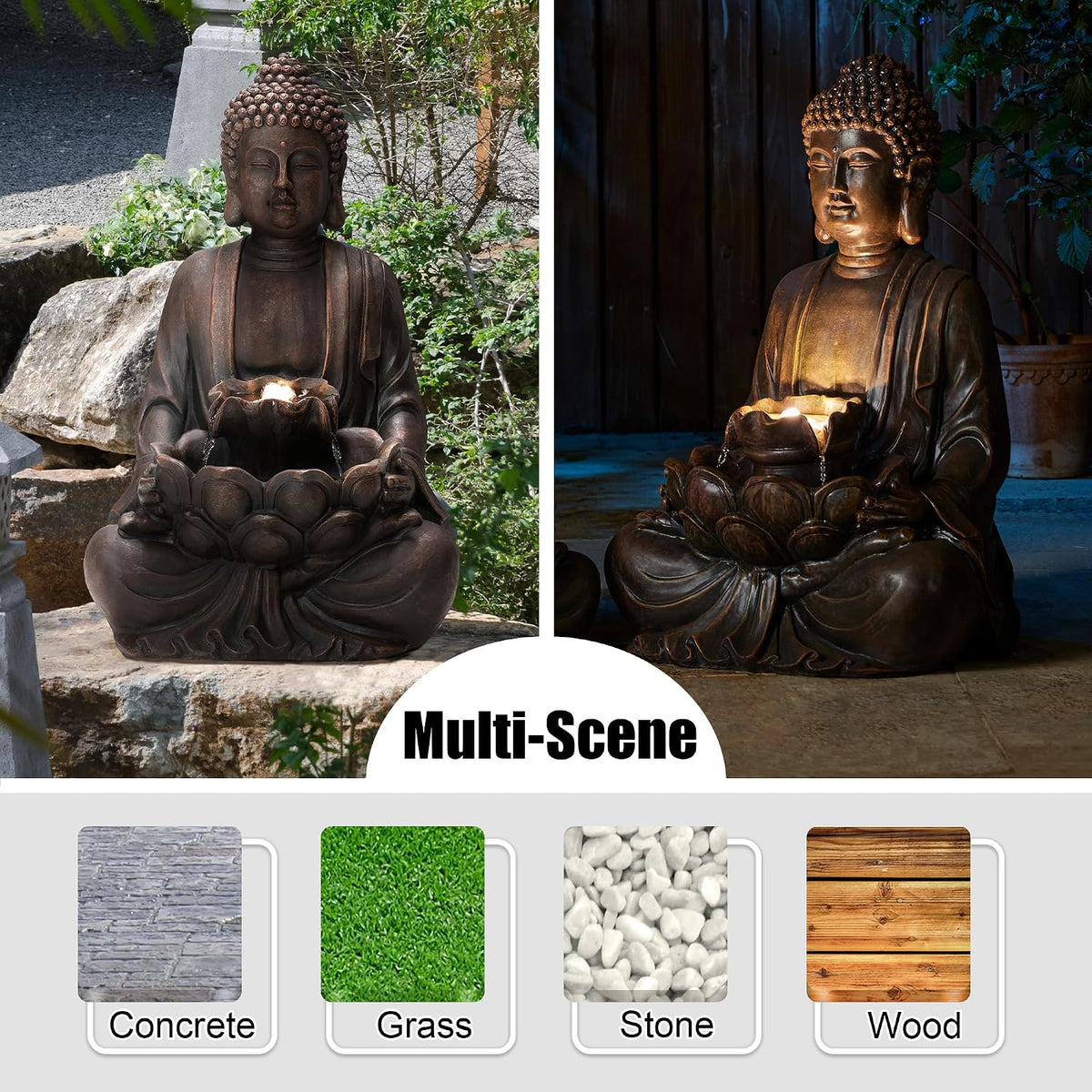 Glitzhome Buddha Statue 28" H, Outdoor Large Statue Zen Style Buddha Fountian with LED Light & Pump Polyresin Outdoor Floor Freestanding Fountain Garden Buddha Sculptures & Statues Lawn Décor