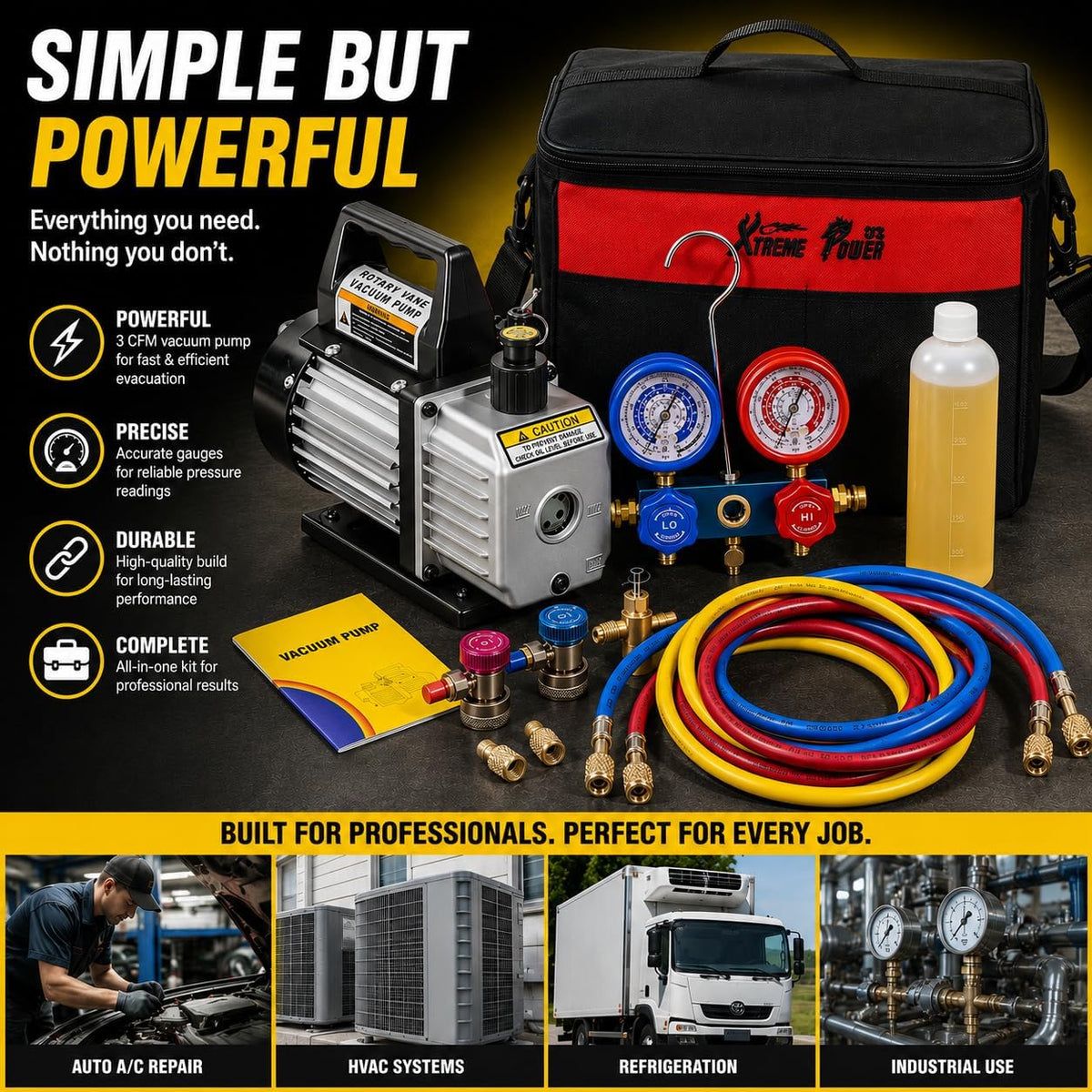 XtremepowerUS 3CFM 1/4HP Vacuum Pump HVAC R134a, R12, R22, R410a, A/C Refrigeration R134 Can Tap Adapter, R134 Quick Connector AC Manifold Gauge Air Conditioner Oil Bottle w/Bag