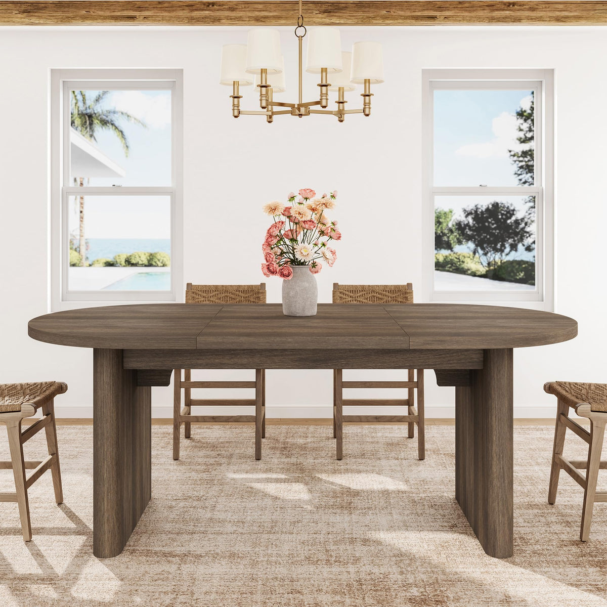 GarveeHome 63" Long Oval Dining Table with Wooden Base for 4-6 People