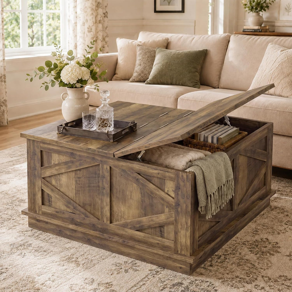 YESHOMY 31.5 Inch Square Farmhouse Coffee Table with Storage, Rustic Brown