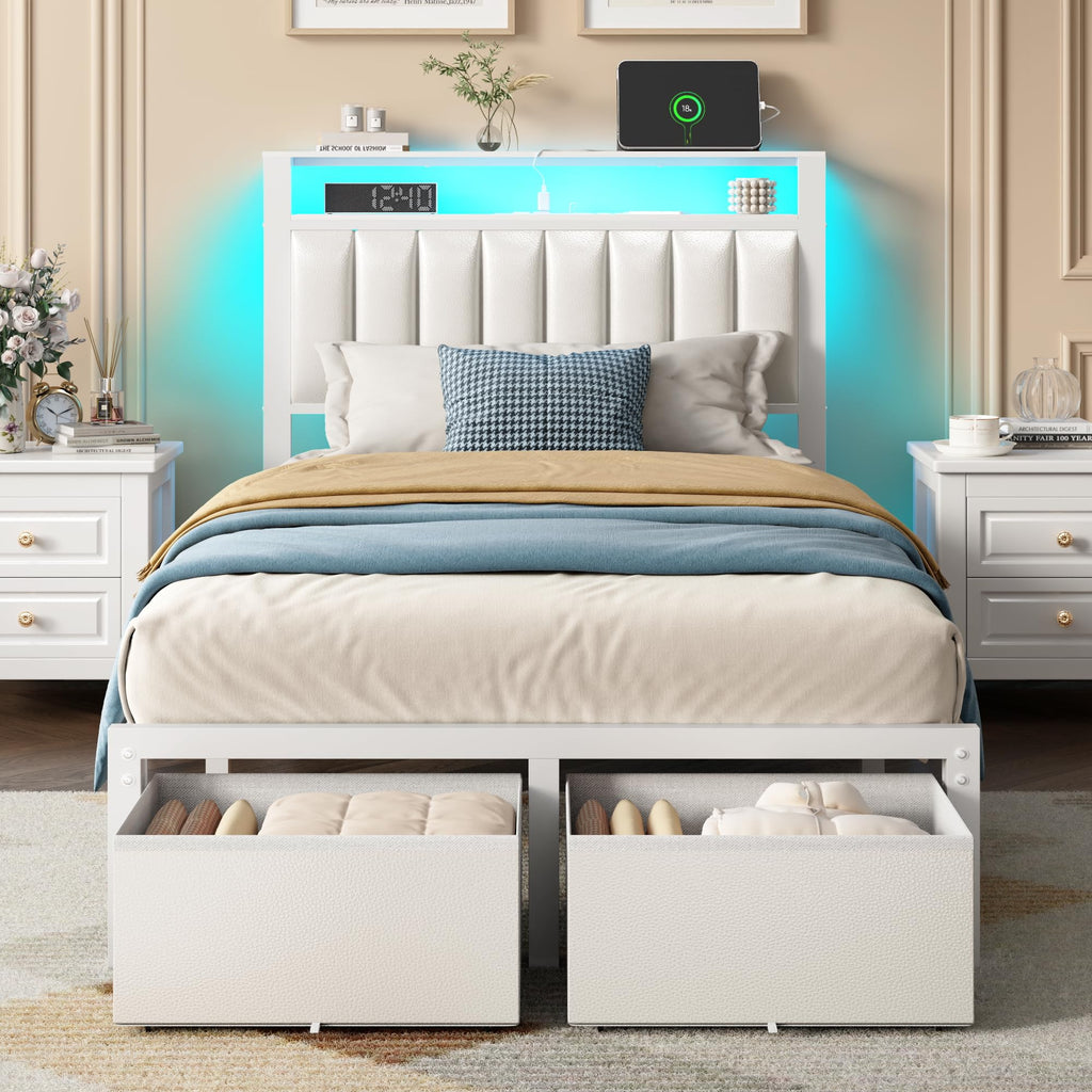 Furnulem Queen Bed Frame with Storage Drawers and Upholstered Headboard