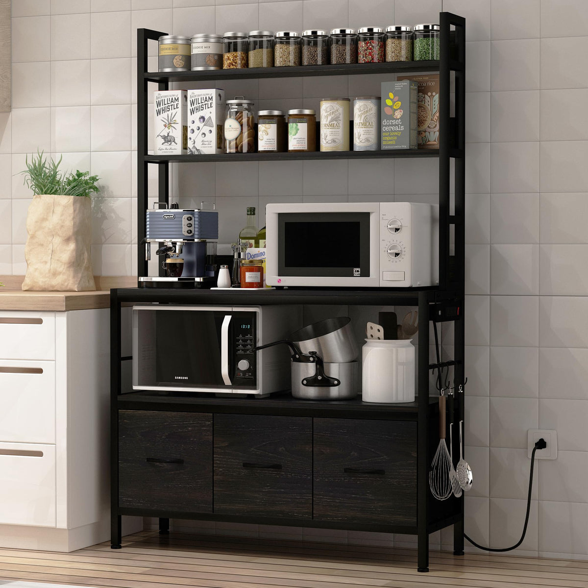 5-Tier Kitchen Bakers Rack with Storage,Industrial Microwave Oven Stand, Utility Storage Shelf,Free Standing Kitchen Utility Cart Storage Shelf Organizer with Hooks