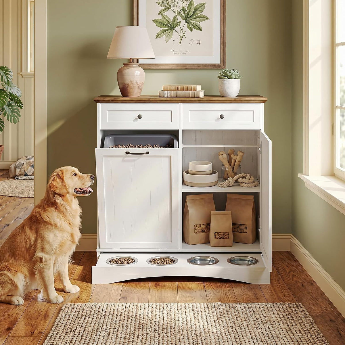 Furnaza Pet Feeding Station with 4 Bowls,Dual Doors dog cabinet storage