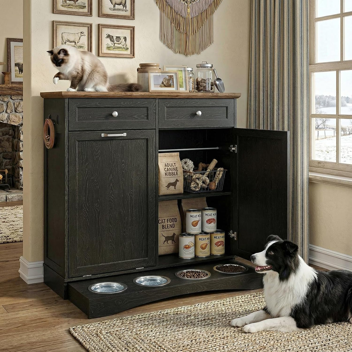 Furnaza Pet Feeding Station with 4 Bowls,Dual Doors Dog Cabinet Storage