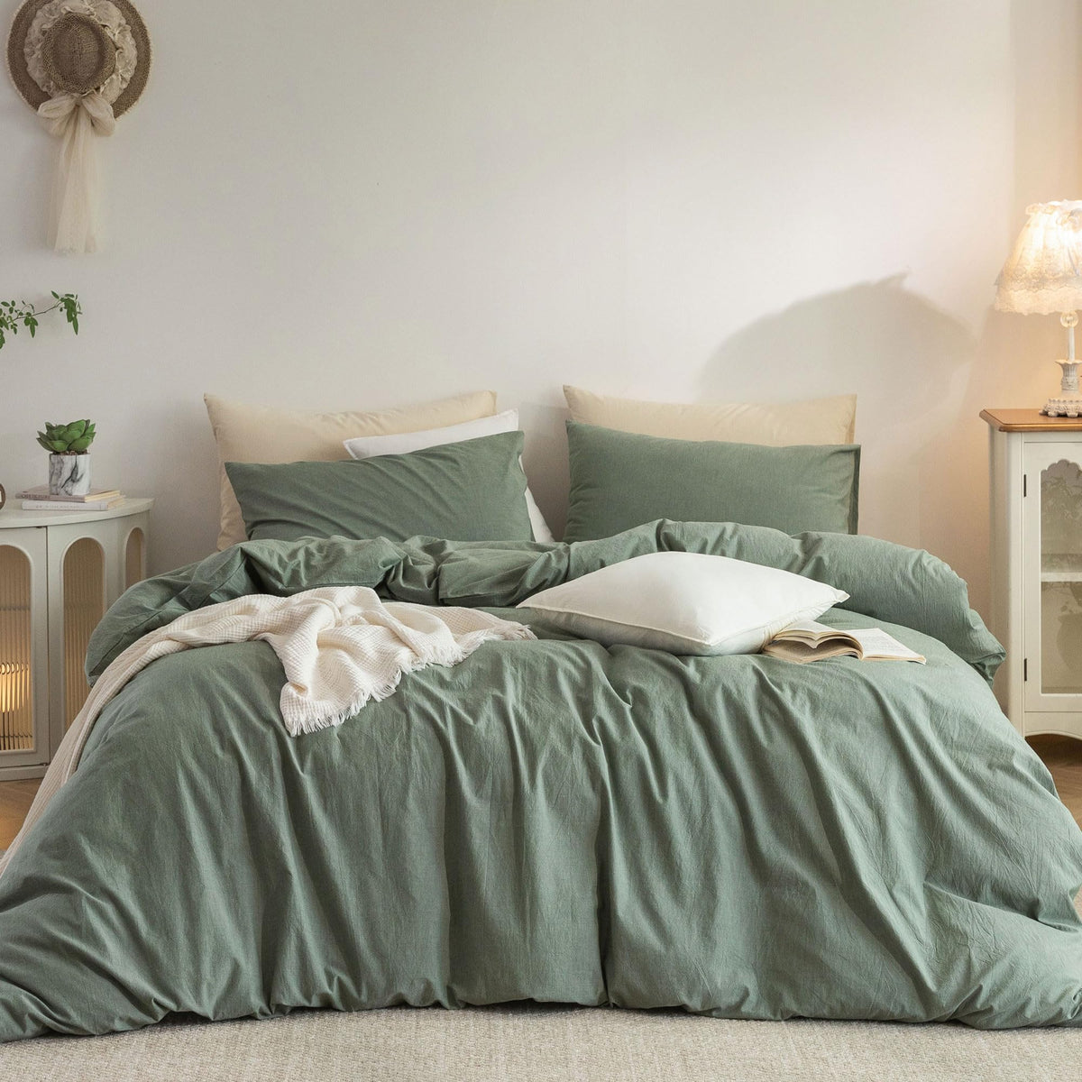 Duvet Cover Set Washed Cotton Embroidered Hem King 3‑Pcs