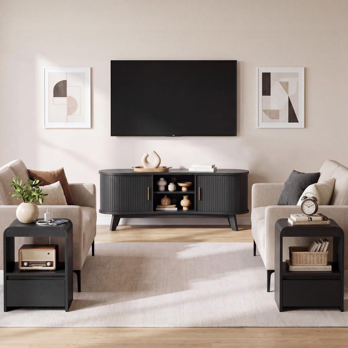 Living Room Table Sets of 2, Oval TV Stand and Coffee Table Set