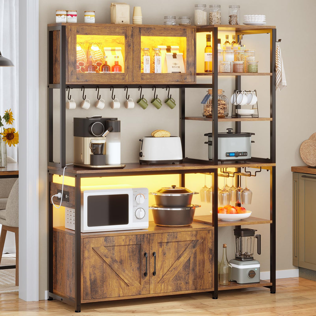 Itaar Bakers Rack with Power Outlet and LED Light, 45.3 Inch Farmhouse Coffee Bar Cabinet, Kitchen Microwave Stand with Storage, Glass Cabinet, Goblet Holder and 8 Hooks, Black