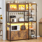 Itaar Bakers Rack with Power Outlet and LED Light, 45.3 Inch Farmhouse Coffee Bar Cabinet, Kitchen Microwave Stand with Storage, Glass Cabinet, Goblet Holder and 8 Hooks, Black
