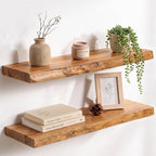 Live Edge Elm Floating Shelves - 24 In Rustic Solid Wood Shelves with Heavy-Duty Invisible Bracket, Wall-Mounted Wooden Shelf for Living Room, Bathroom, Kitchen Storage & Display, Set of 2, Natural