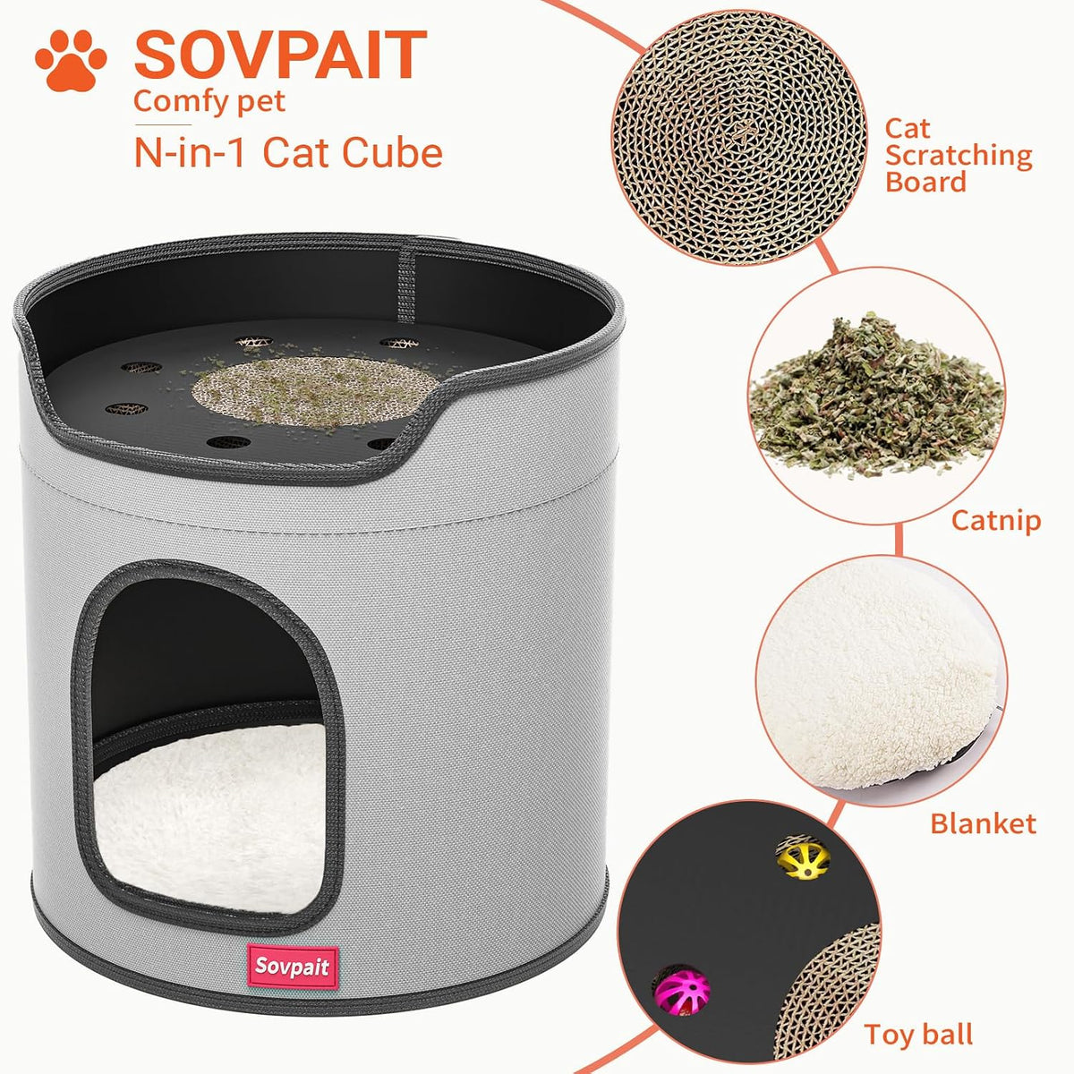 Cat House for Indoor Cats,Large Double Cat Beds Cave with Cat Scratcher Pad Toys w/Catnip,Soft Washable Cushion Cat House Shelter D15xH15in (Classy Grey Cardboard Cat Scratcher)