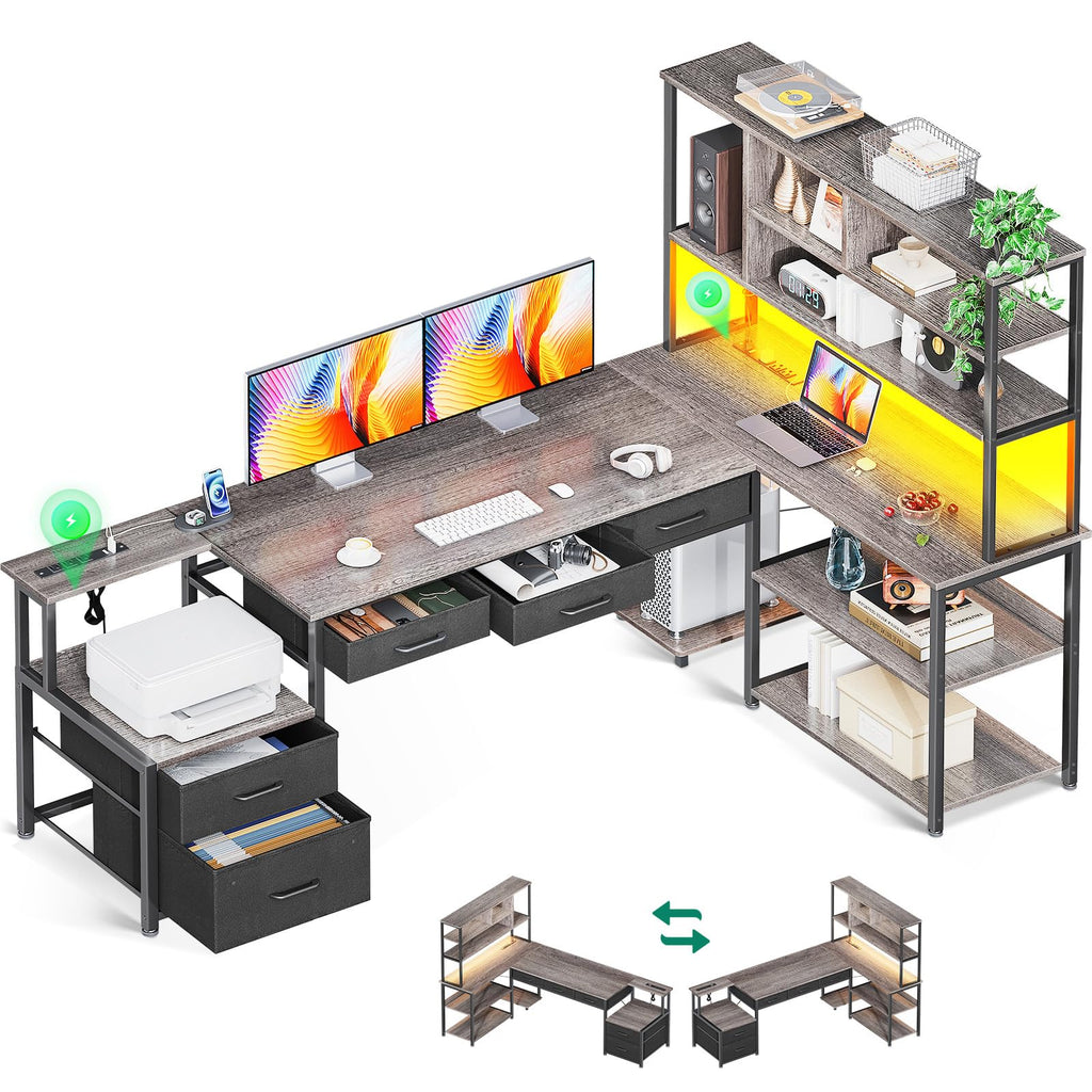AODK 79 inch L Shaped Desk with 5 Drawers, LED Light & 2 Power Outlets