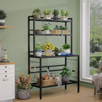 Bakers Rack with Open Bottom, 63''H Metal Microwave Stand with 8 Hooks, 4-Tier Heavy Duty Baker's Rack with Mesh Shelf, Multi-Purpose Display Rack&Potting Bench Table for Patio, Black