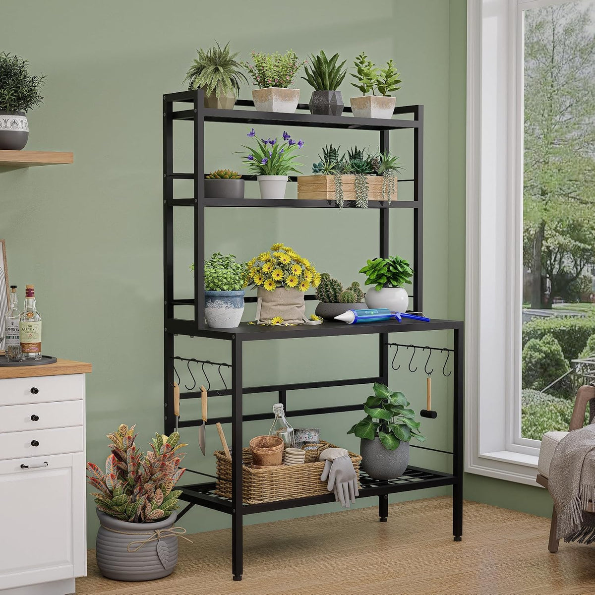 Bakers Rack with Open Bottom, 63''H Metal Microwave Stand with 8 Hooks, 4-Tier Heavy Duty Baker's Rack with Mesh Shelf, Multi-Purpose Display Rack&Potting Bench Table for Patio, Black