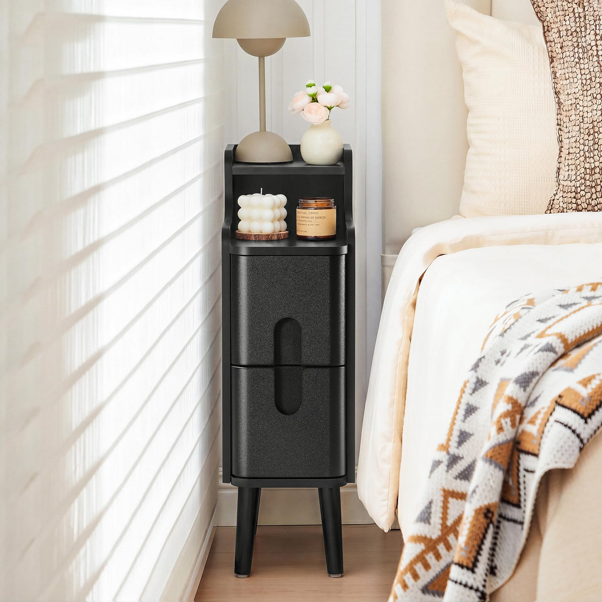 Narrow Nightstand Set of 2, Wood 2 Drawer Small Nightstand, Slim Side Table, Modern Skinny End Bedside Table, Natural Wood Night Stand with Drawers for Bedroom (Walnut-2 pcs)