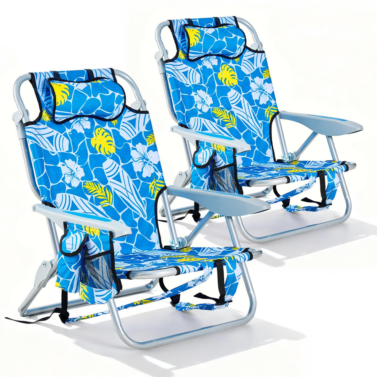2 Pack Lightweight Portable Camping Beach Chair for Adults, Outdoor Lay Flat Folding Beach Chairs with 5 Positions, Backpack Beach Chair with Towel Bar, Zipper Pouch, Cup Holder, NEW Striped