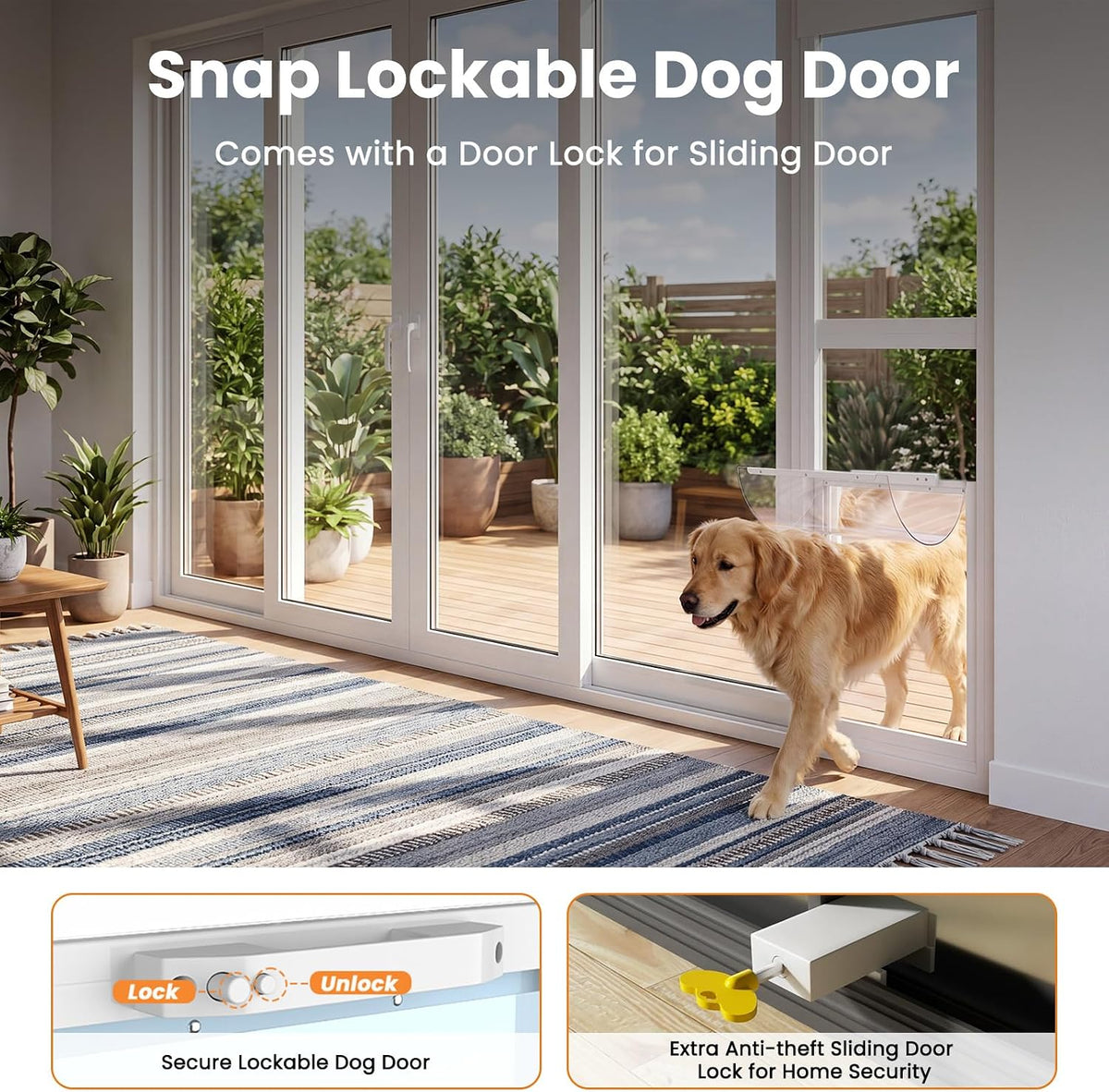 Dog Door for Sliding Glass Insert for Cat Doggie Doggy Pet Doors with Lock, Adjustable Height 74.8" to 80.71", Width 15.75"/White