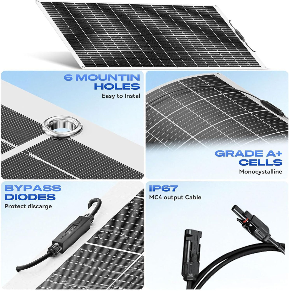 Flexible Solar Panel 100W*2 Solar Panels 200 Watt 12V 23.5-25.5% High-Efficiency, 260° Ultra Lightweight Solars Panels for Marine RV Cabin Van Car Boat Camping Curve Surfaces
