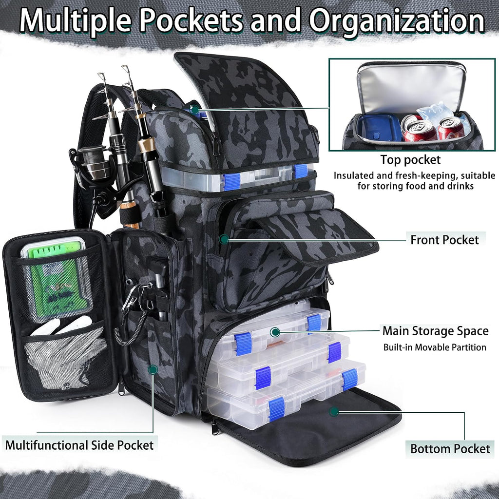 Fishing Tackle Backpack With Rod Holders,45L Large Tackle Bag & Fishing Tackle Backpack for Fishing,Camping, Hiking,Camouflage Blue