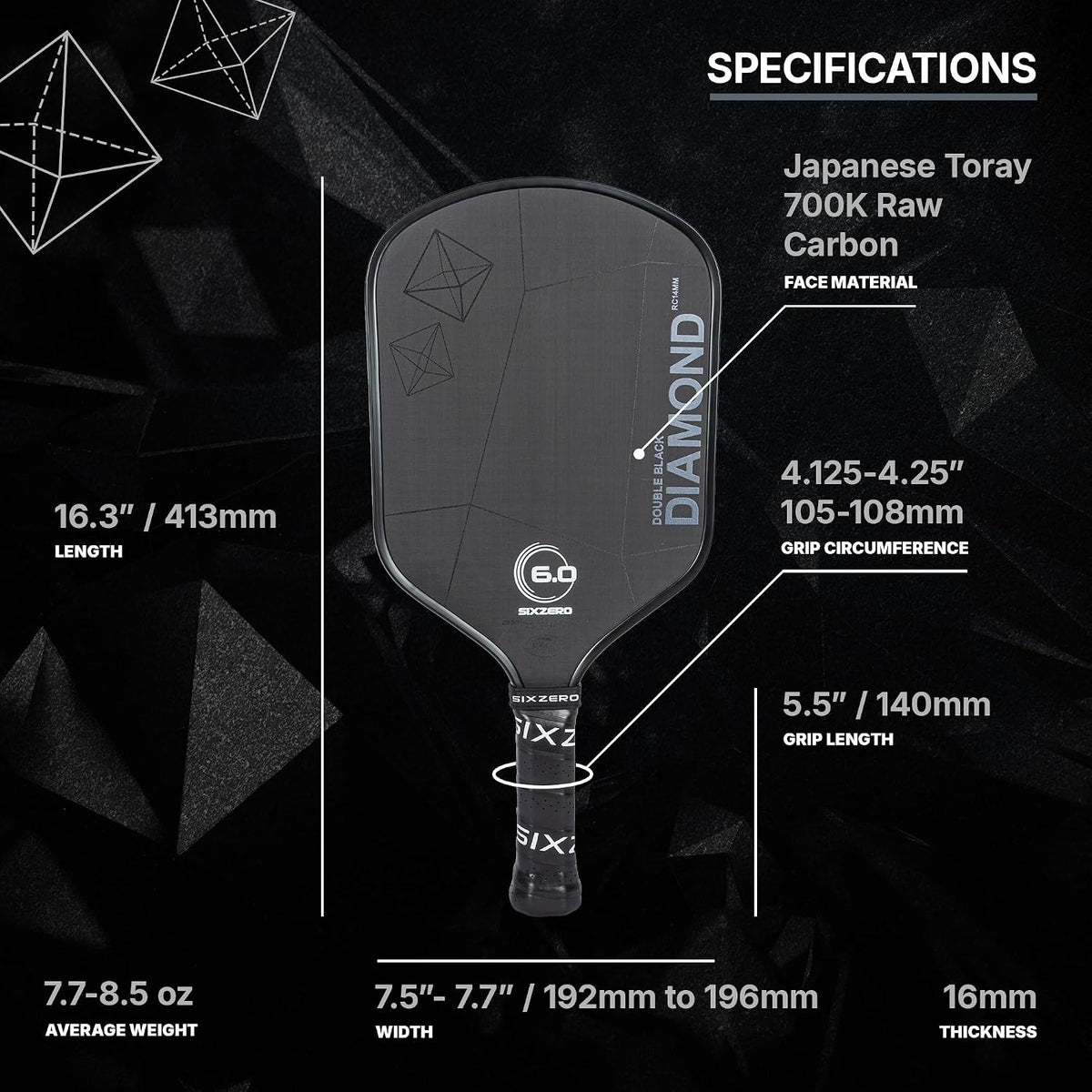 Six Zero Double Black Diamond Control Paddle, Raw Carbon