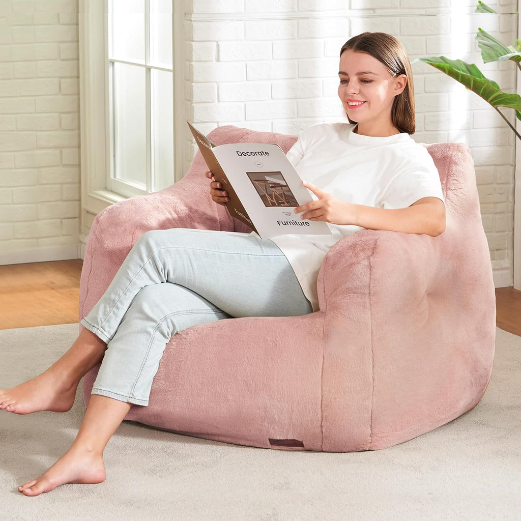 Hobestluk Furry Bean Bag Chair with Arms, Foam Filler for Adult, Pink