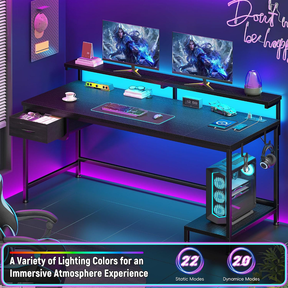 DurayLoly 47.2" Gaming Desk with Power Outlet and LED Lights,Bedroom,Black