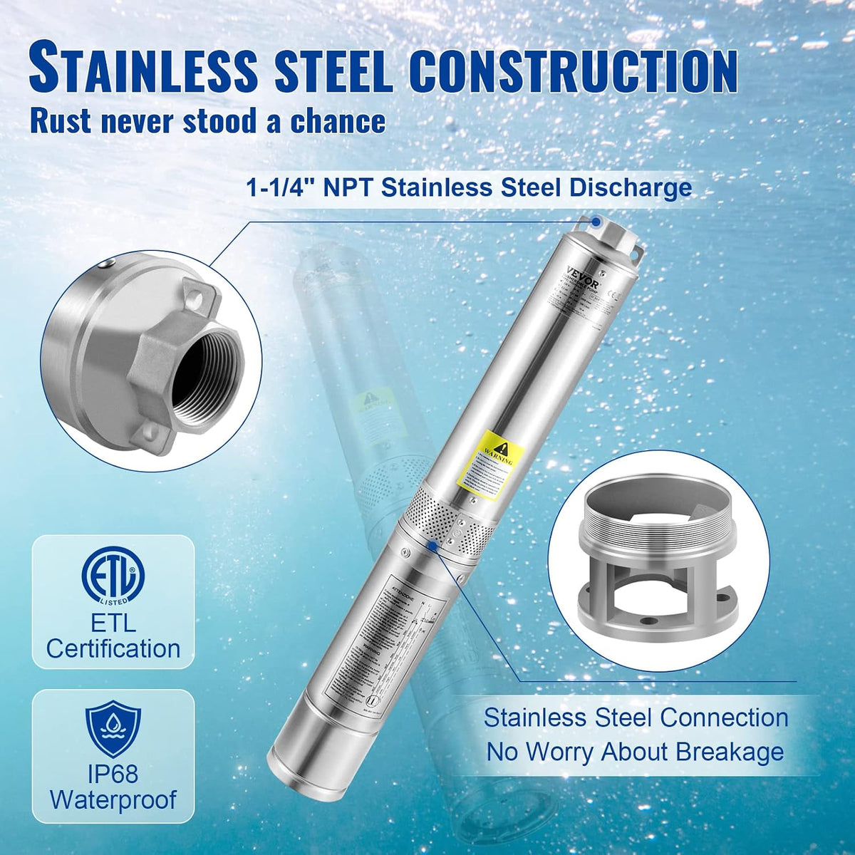VEVOR Deep Well Submersible Pump 2 HP 230V/60Hz 37 GPM Flow 427 ft Head