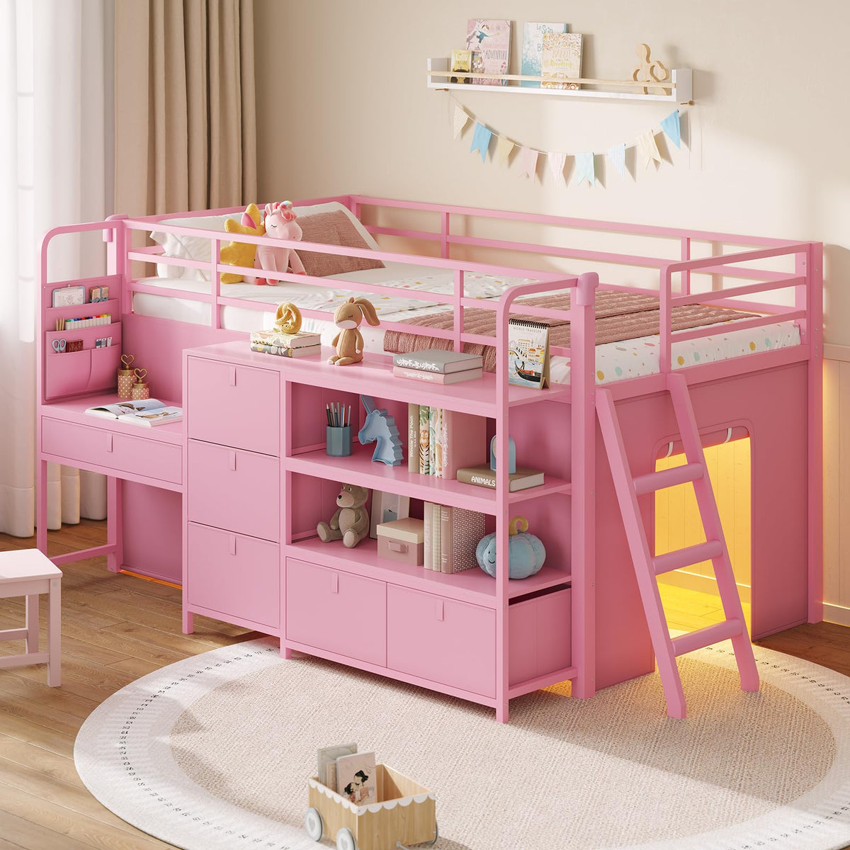 DICTAC Low Loft Bed with Slide,Storage Stairway and Led Lights Metal Twin Size Loft Bed with Under-Bed Play Space,Art Table & Play Curtain Twin Beds with 2 Drawers and 13.8''H Safety Guardrail,Black