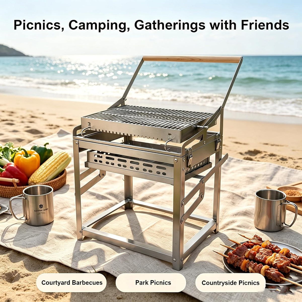 Stainless Steel Charcoal Grill Portable 360 Rotating BBQ Roaster