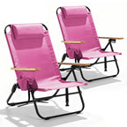 2 Pack Premium 5-Position Reclining Camping Chair - Portable Folding Lightweight Outdoor Chair with Wooden Armrests, Headrest & Pockets, 350lbs Heavy Duty for Beach, Patio, Backyard, Black
