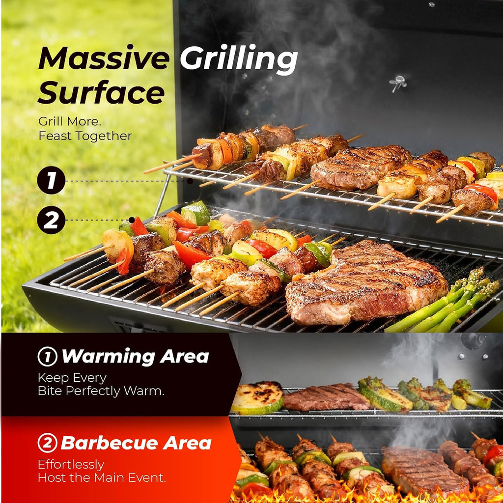 VINGLI Upgraded Barrel Charcoal Grill with Sides Table, Movable Outdoor Smoker with Chimney for Party Garden Patio and Backyard Cooking