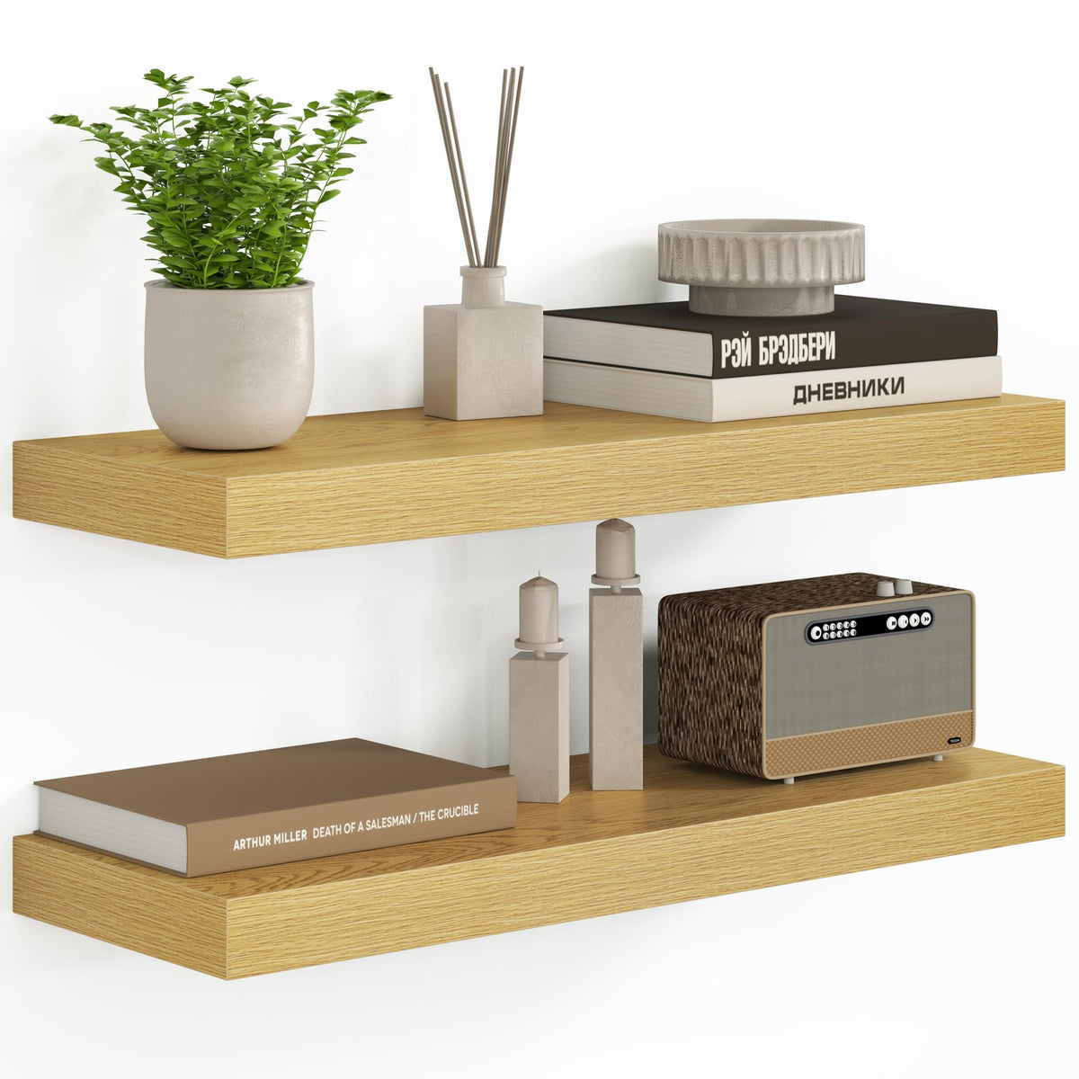 Fun Memories Floating Shelves - 2 Pack 12 Inch Rustic Wooden Wall Shelves - Extra Deeper & Thicker Wall Mounted Storage Shelf for Living Room, Kitchen, Farmhouse - 36" W x 12" D x 1.8" H - Brown