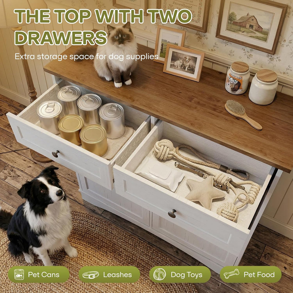 Furnaza Pet Feeding Station with 4 Bowls,Dual Doors dog cabinet storage