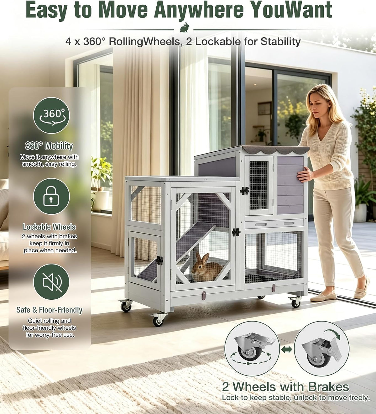 GUTINNEEN Wooden Duplex Rabbit Cage on Wheels with Chew-Proof Ramp, Grey