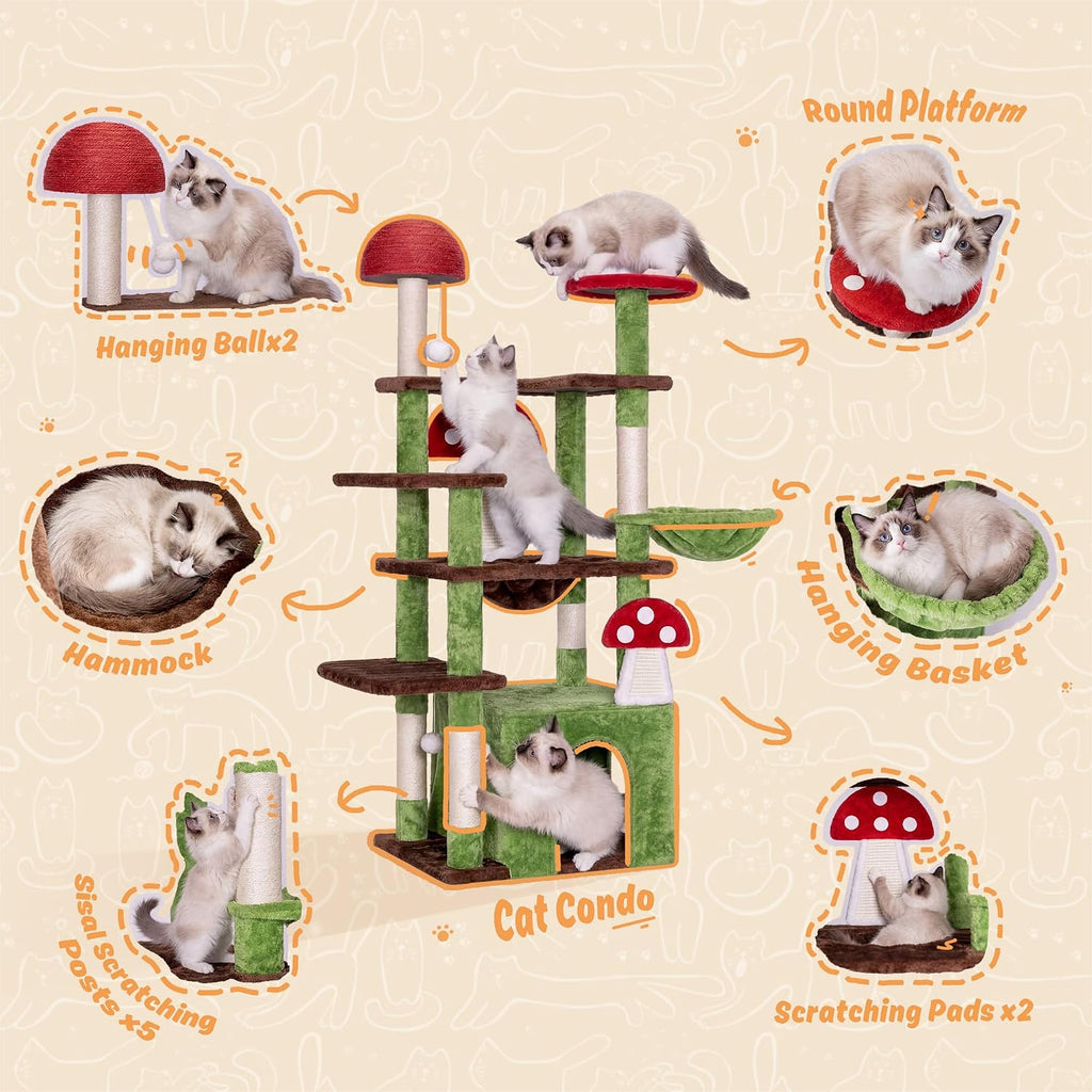 IRONCK 58" Cute Mushroom Cat Tree with Condo and Hammock