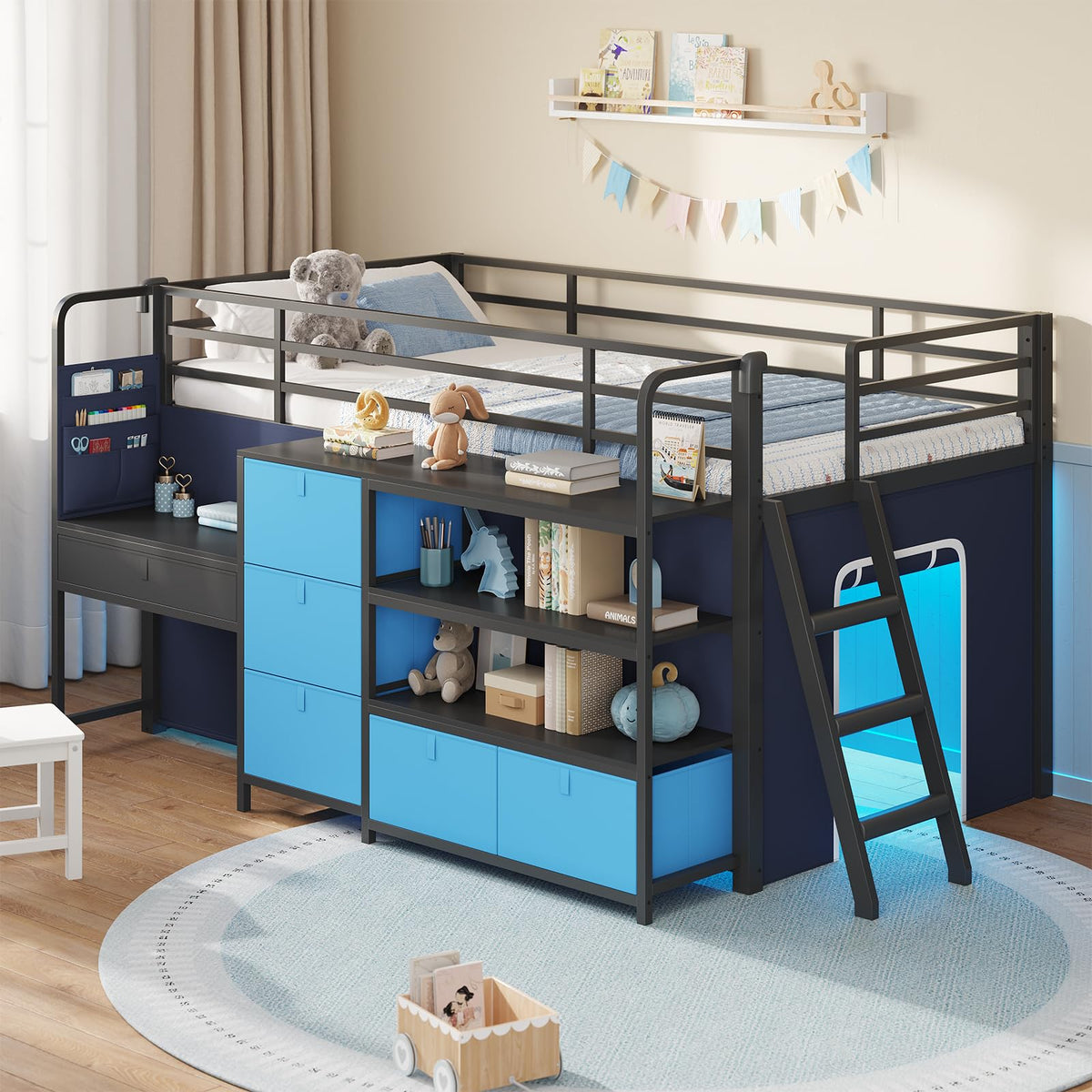 DICTAC Low Loft Bed with Slide,Storage Stairway and Led Lights Metal Twin Size Loft Bed with Under-Bed Play Space,Art Table & Play Curtain Twin Beds with 2 Drawers and 13.8''H Safety Guardrail,Black