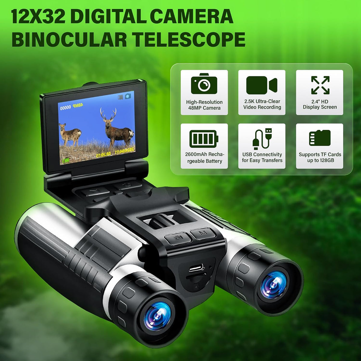 Binoculars with Camera Built in – 12x32 HD Zoom, 2" LCD Display, 48MP Photos & 2.5K Video, Ideal for Bird Watching, Concerts & Outdoor Adventures, Includes 32GB SD Card & Tripod