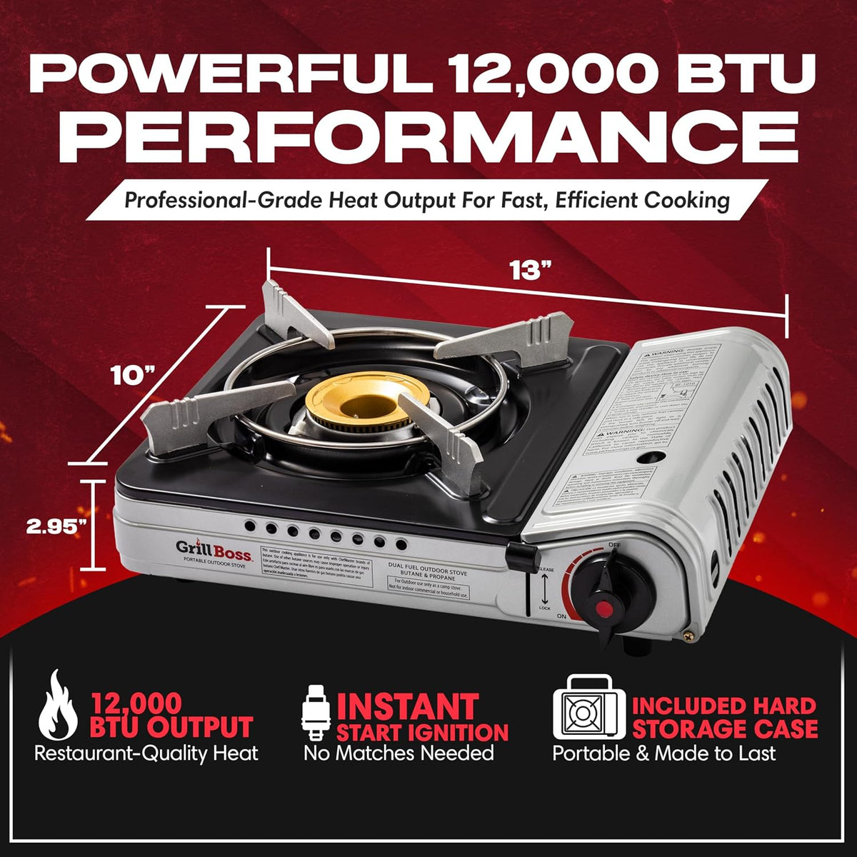 Chef Master Grill Boss Dual Fuel Camping Stove + 4x 8 oz Butane, 12,000 BTU