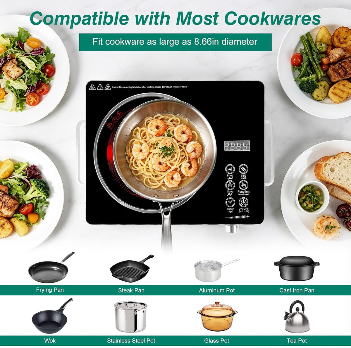 Electric Countertop Single Burner, 3500W Ceramic Cooktop with Crystal Glass Hot Plate & Stay Cool Handles, 12 Level Temperature Control, LED Display, Touch Control, Cooking Stove for Home Camping RV
