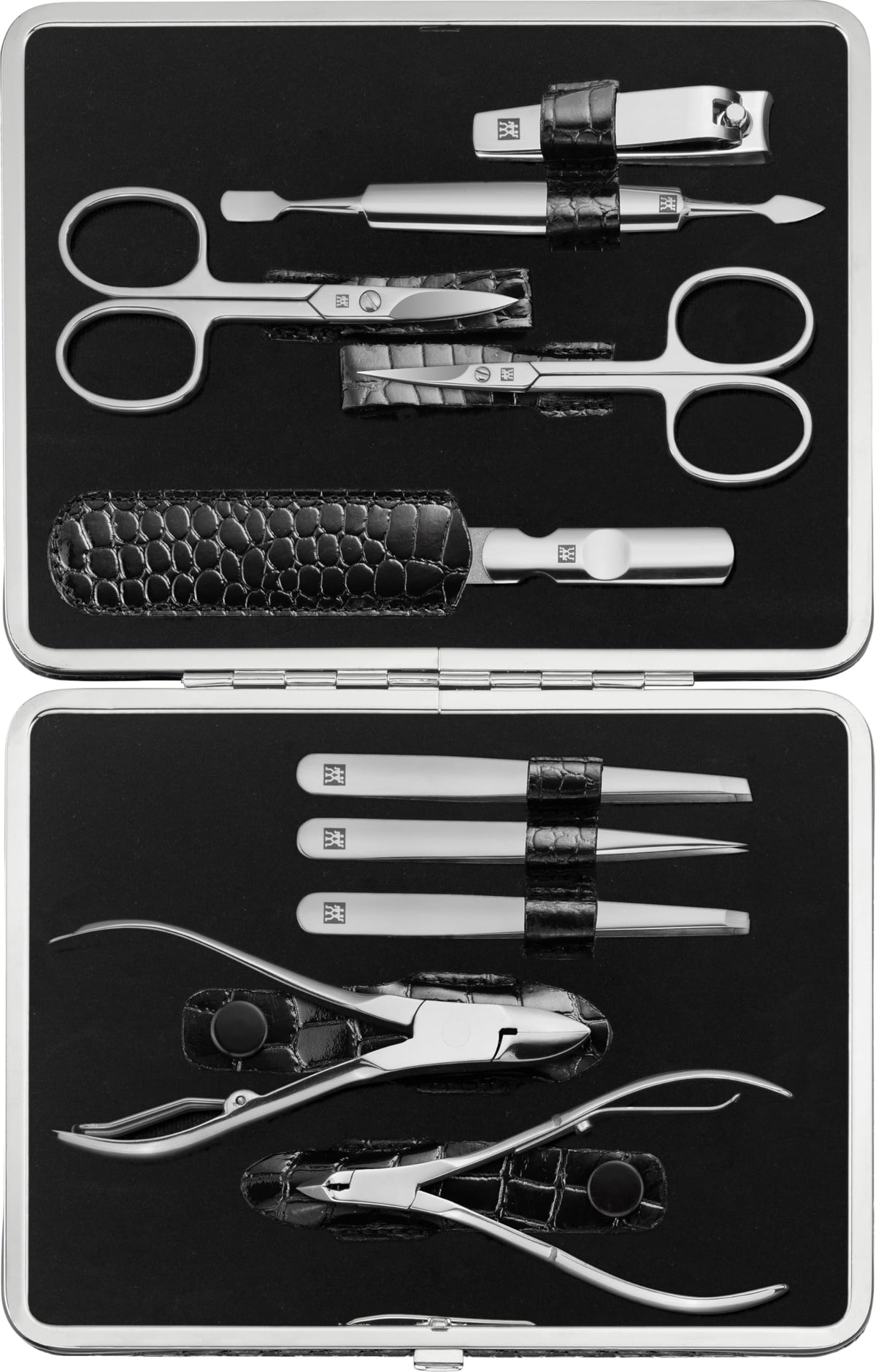 ZWILLING Manicure Set (5 piece, for fingernail and toenail care, genuine leather case with metal frame), Polished Stainless Steel, Crocodile Edition, Black