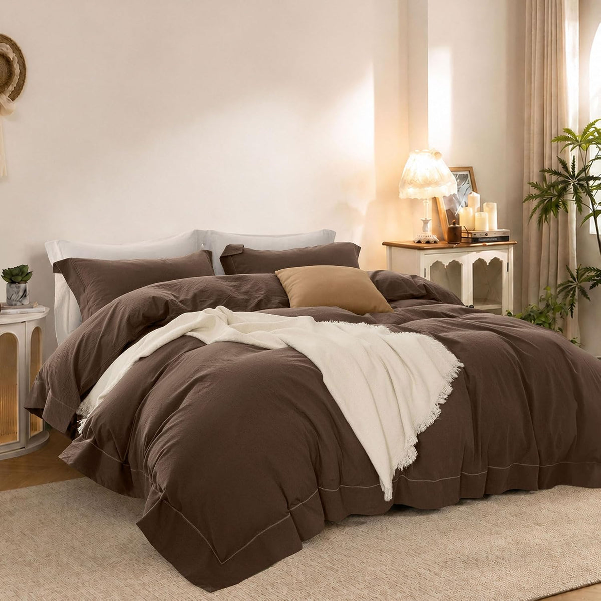 Duvet Cover Set Washed Cotton Embroidered Hem King 3‑Pcs