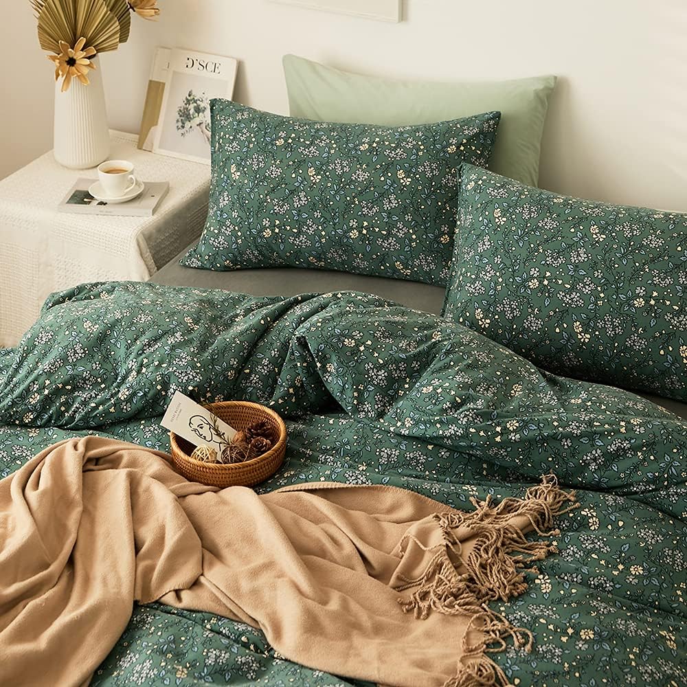 LifeTB Green Floral 100% Jersey Knit Cotton Duvet Cover Queen Vintage Style Botanical Floral Bedding Set Chic Shabby Green Floral Comforter Cover Girl Women Flower Bedding Cover with 2 Pillowcases