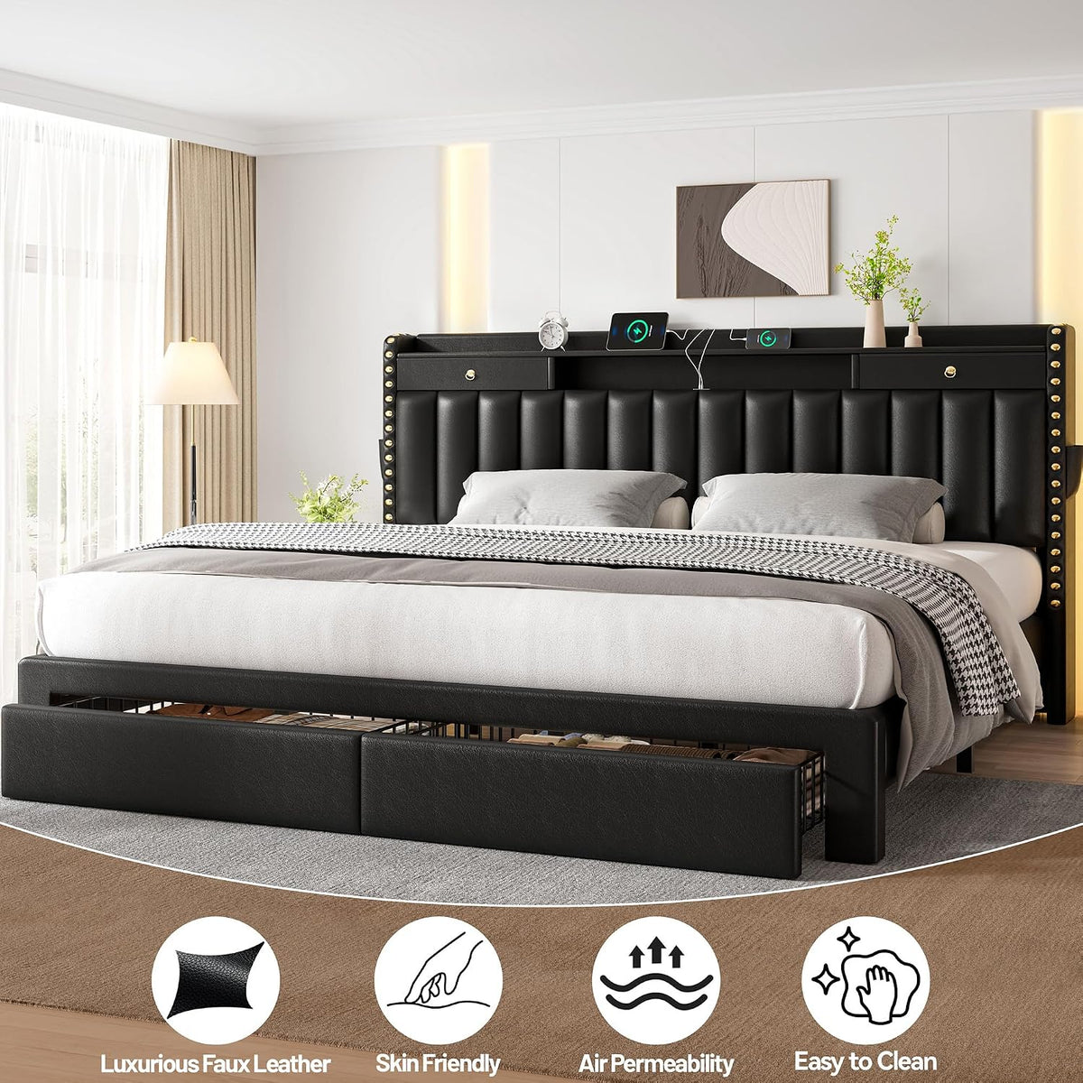 CypBed King Size Bed Frame with Headboard & 4-Storage Drawers, Upholstered