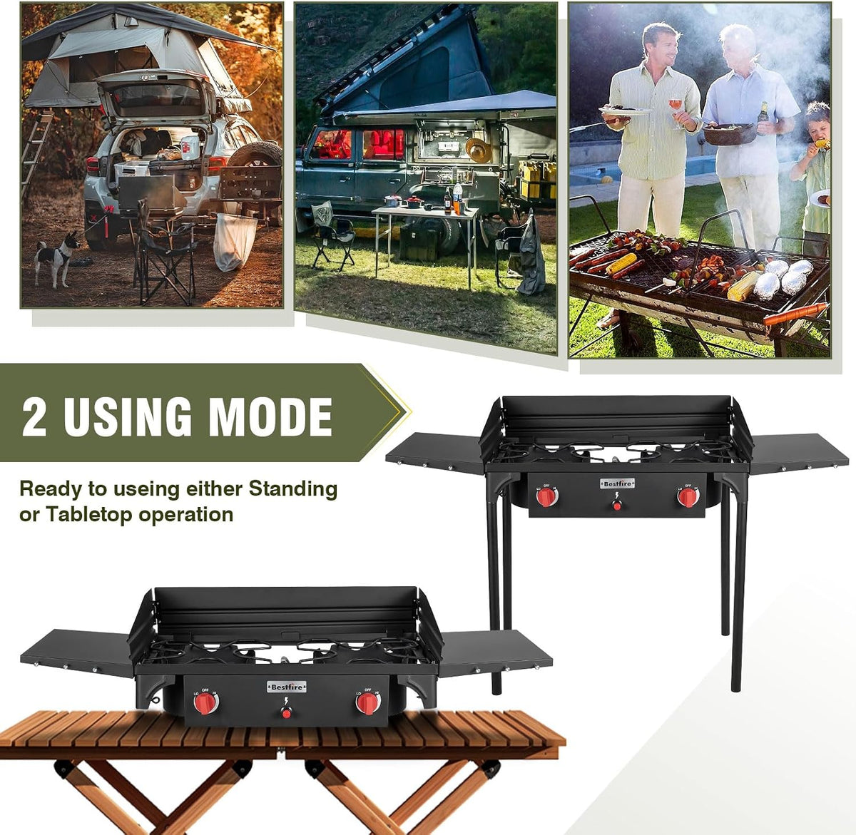 Bestfire 150,000 BTU 2 Burner Propane Camping Stove with Auto Ignition, Windpanel, Portable Outdoor Gas Cooker with Removable Legs, Side Shelves for Camping, BBQ