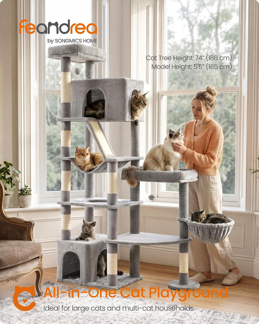 Feandrea Large Cat Tree, 74.1" Tall Sturdy Cat Tower for Indoor, Dove Gray