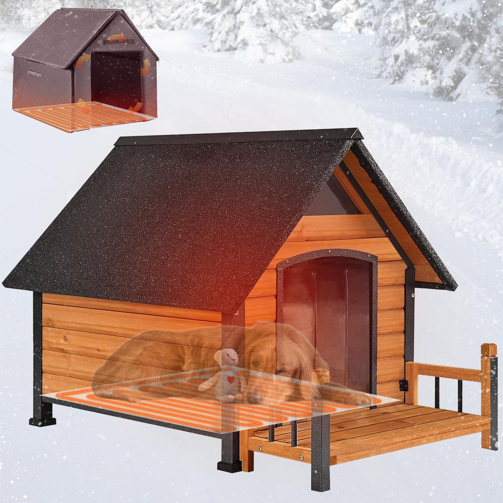 Dog House Outdoor, Insulated Dog Kennel Outside for Large Breed, 50.87" L Weatherproof Large Dog Shelter with Anti-Chewing Iron Frame (Grey-H, 45" D x 32.9" W x 32.6" H)