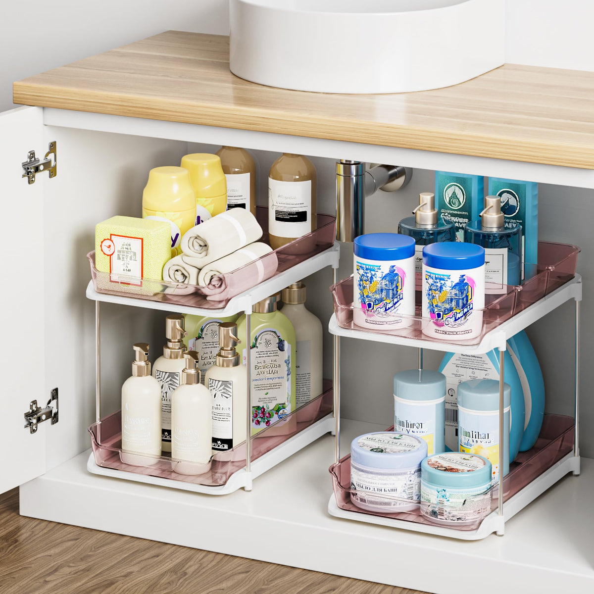 Delamu 2-Tier Multi-Purpose Bathroom Under Sink Organizers and Storage, Stackable Kitchen Pantry Organization, Pull Out Medicine Cabinet Organizer with Movable Dividers, White, 4Pack