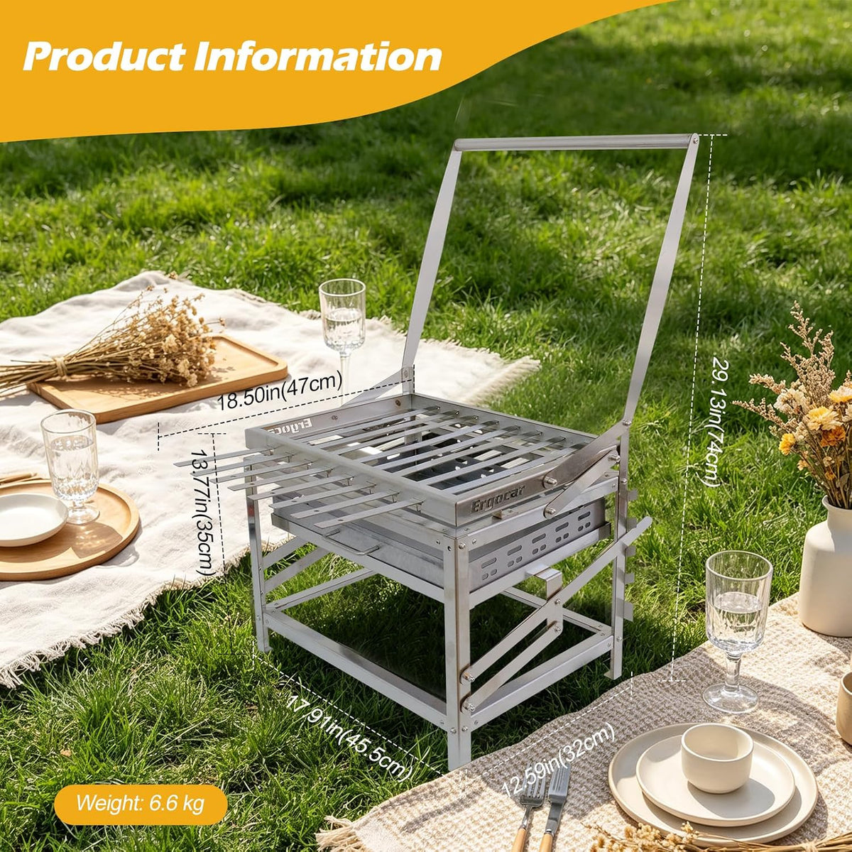Ergocar Charcoal Grill Rotating 4-Tier Charcoal Tray With Skewers Ideal