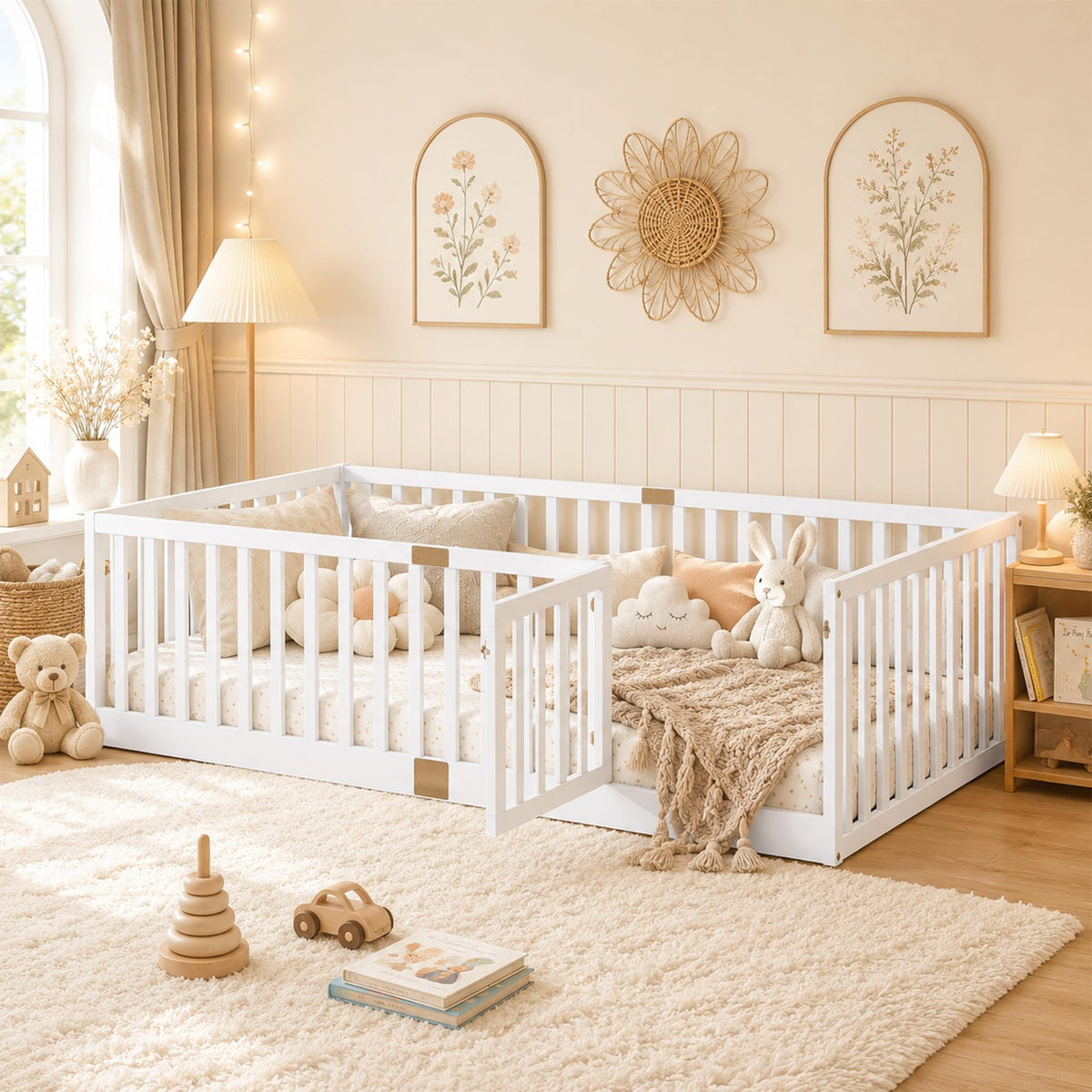 Full Montessori Floor Bed with High Rails, Door & Slats for Kids, Natural